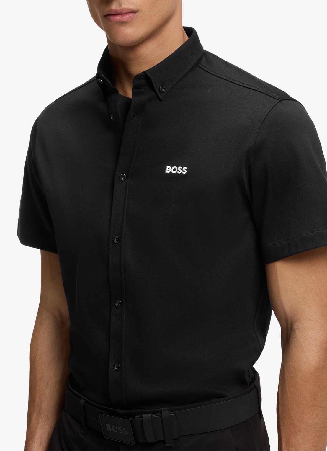 BOSS Regular-fit overhemd van kreukbestendige katoenen jersey - detail 4 black-002 / zwart