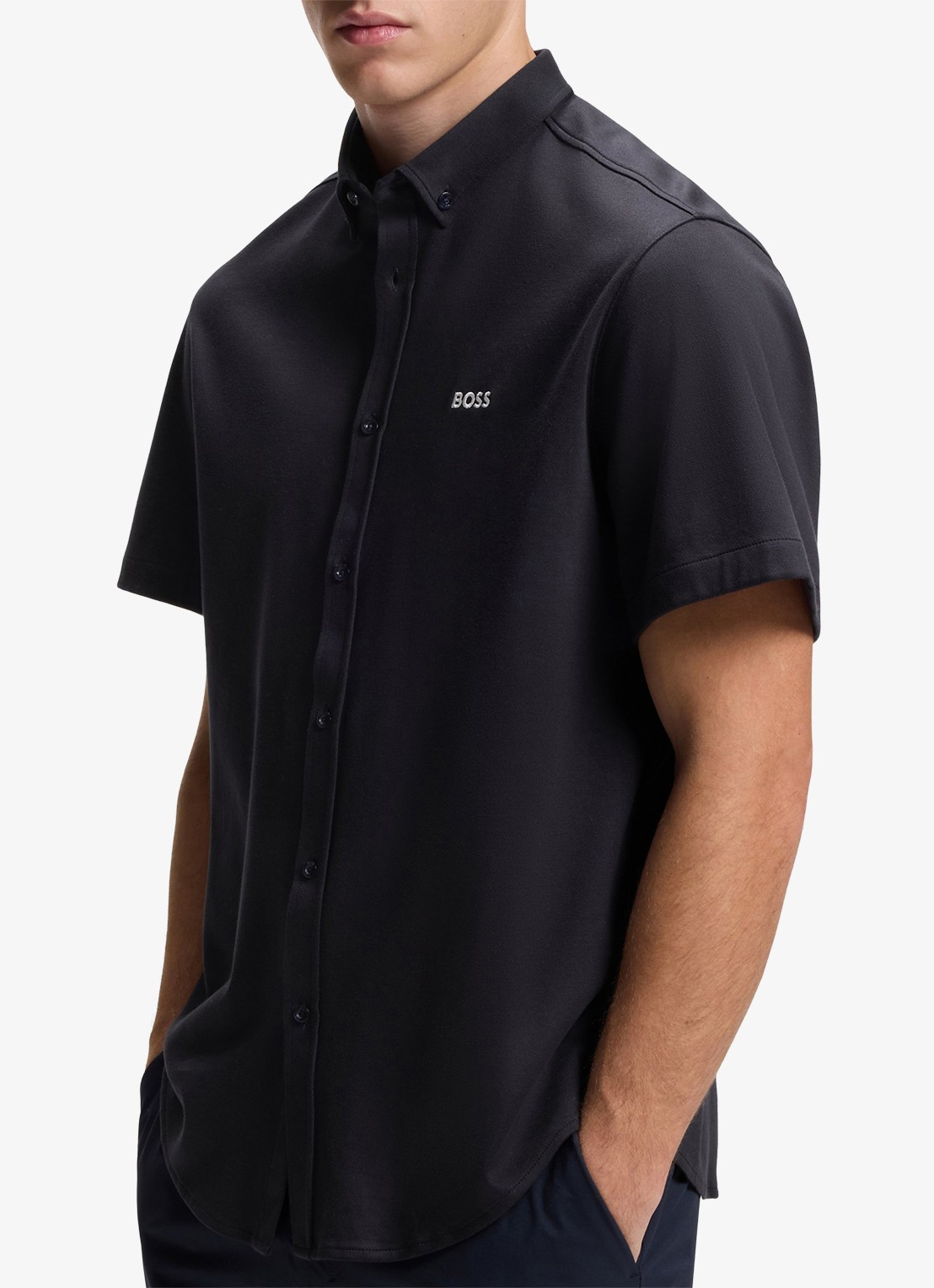 BOSS Regular-fit overhemd van kreukbestendige katoenen jersey - detail 3 dark blue-402 / blauw