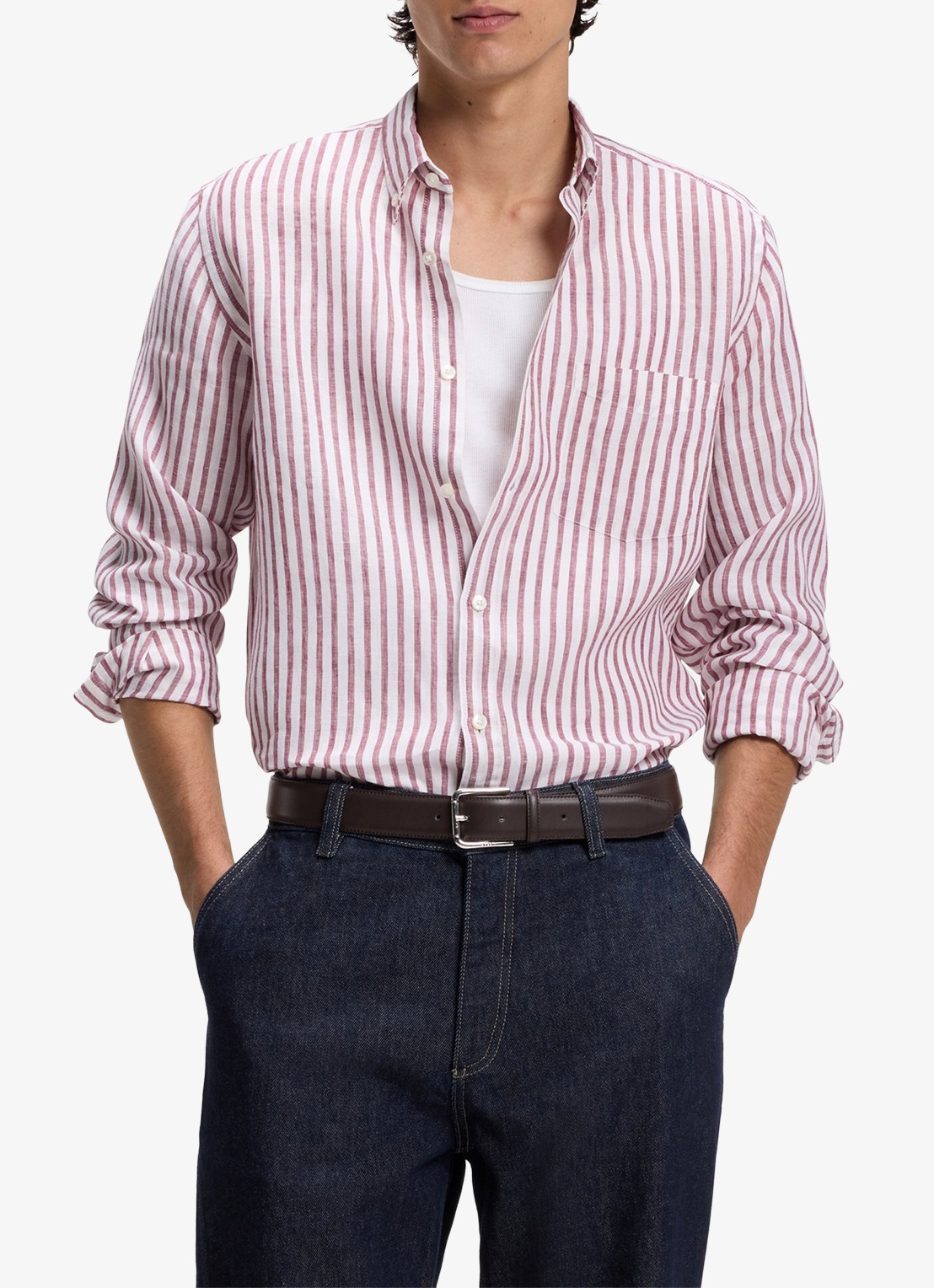 BOSS Regular fit overhemd van linnen met streepprint - detail 3 rood