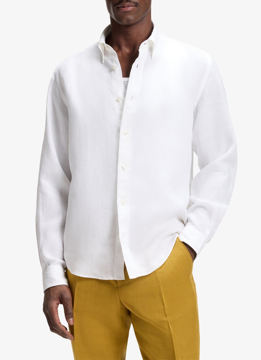 BOSS Regular fit overhemd van linnen - detail wit