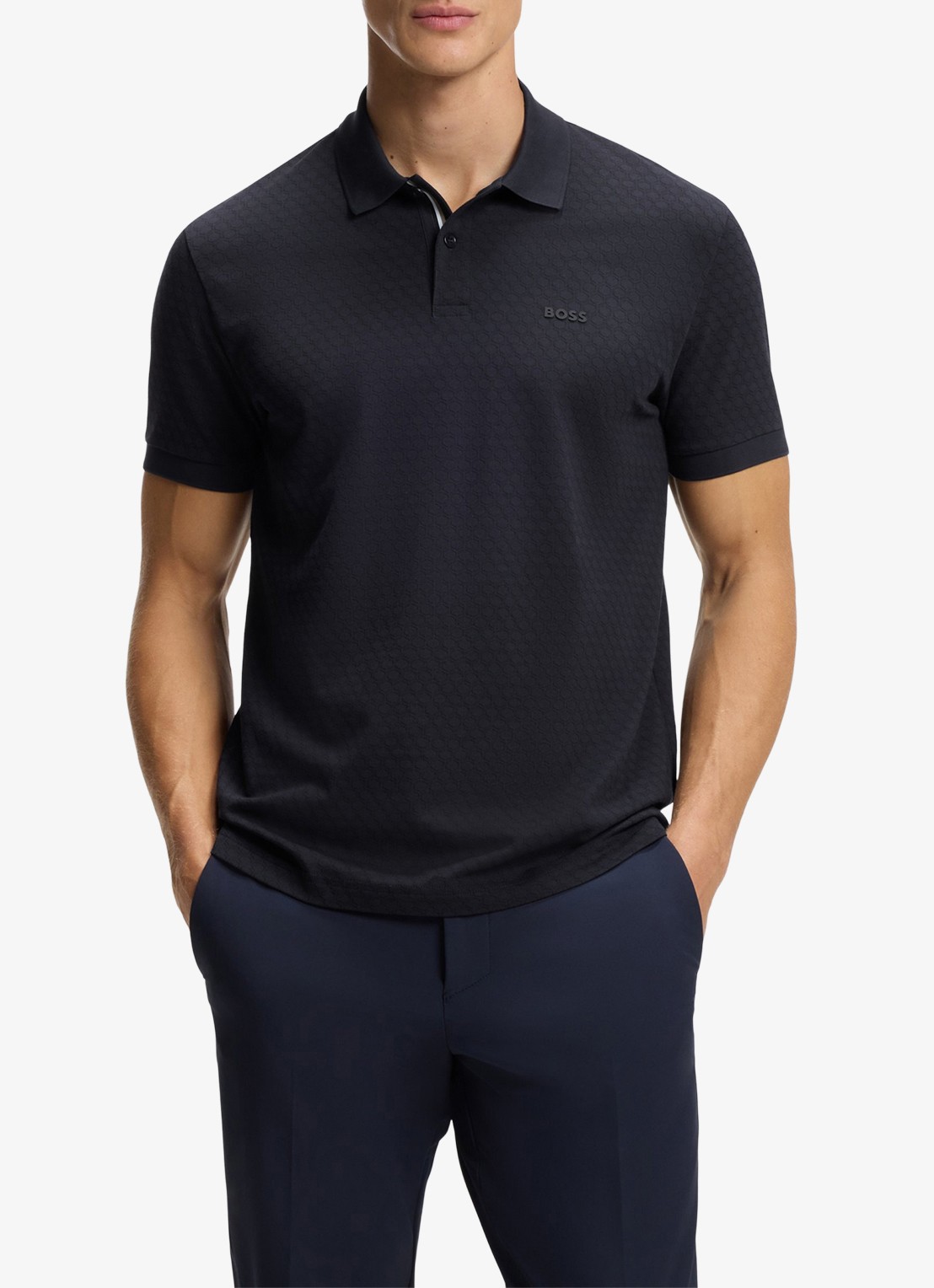 BOSS Regular fit polo met structuur  - detail donkerblauw