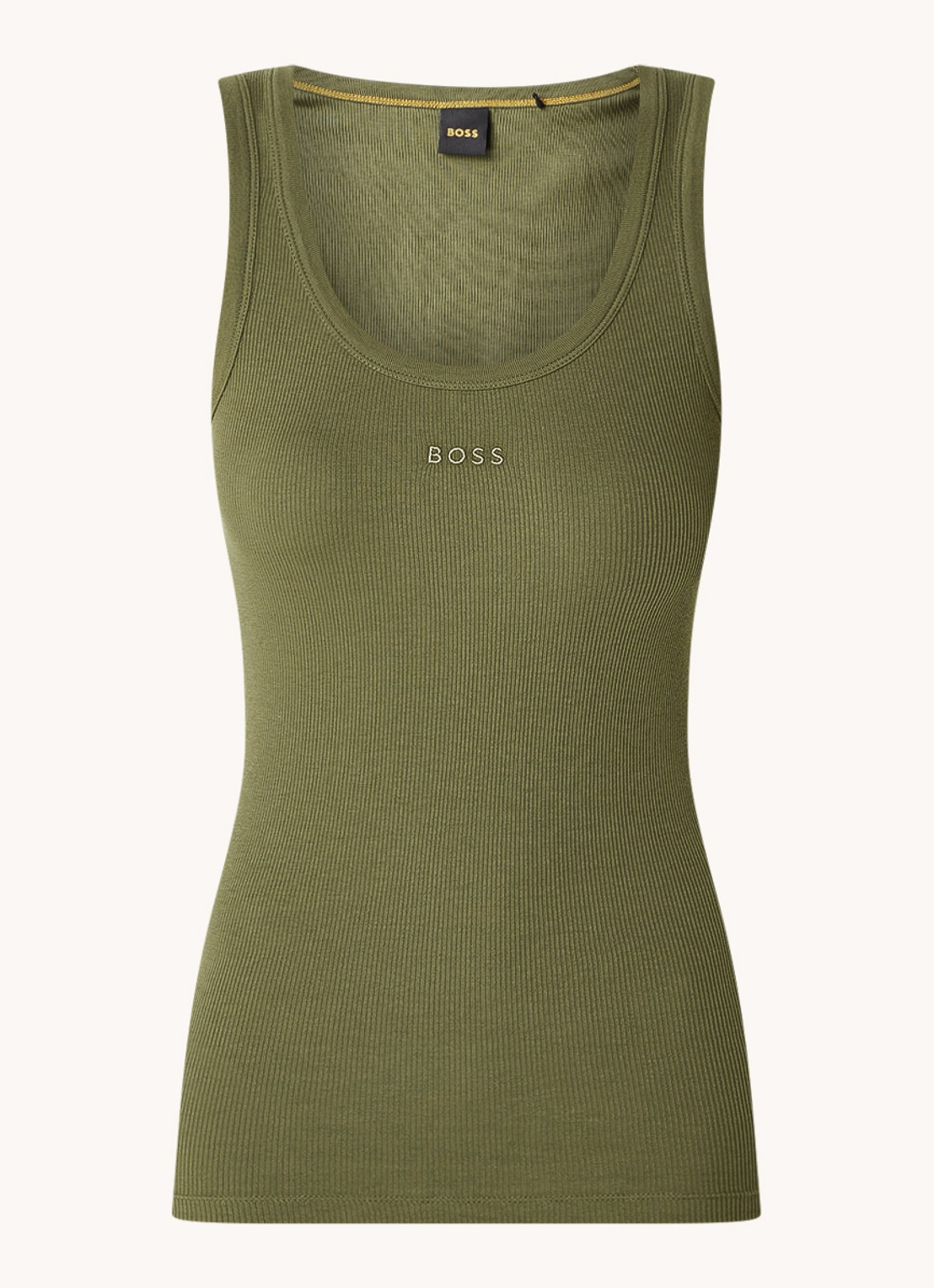 BOSS Ribgebreide tanktop met logoborduring - voorkant olijfgroen