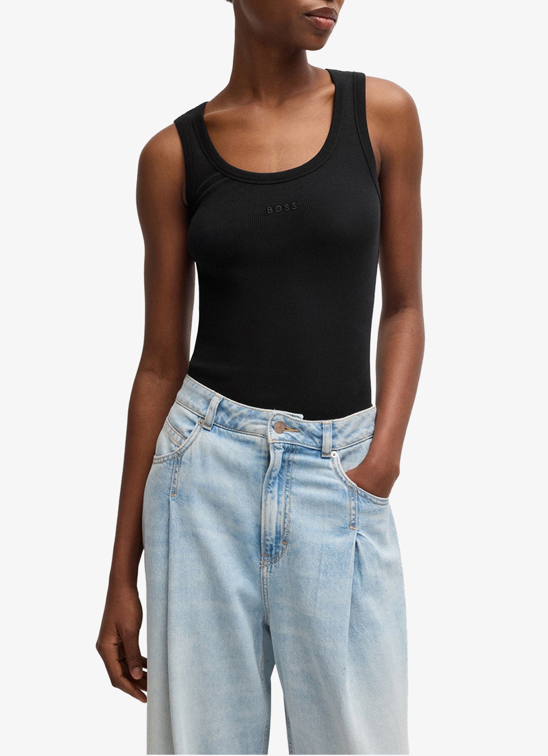 BOSS Ribgebreide tanktop met logoborduring - achterkant 3 zwart