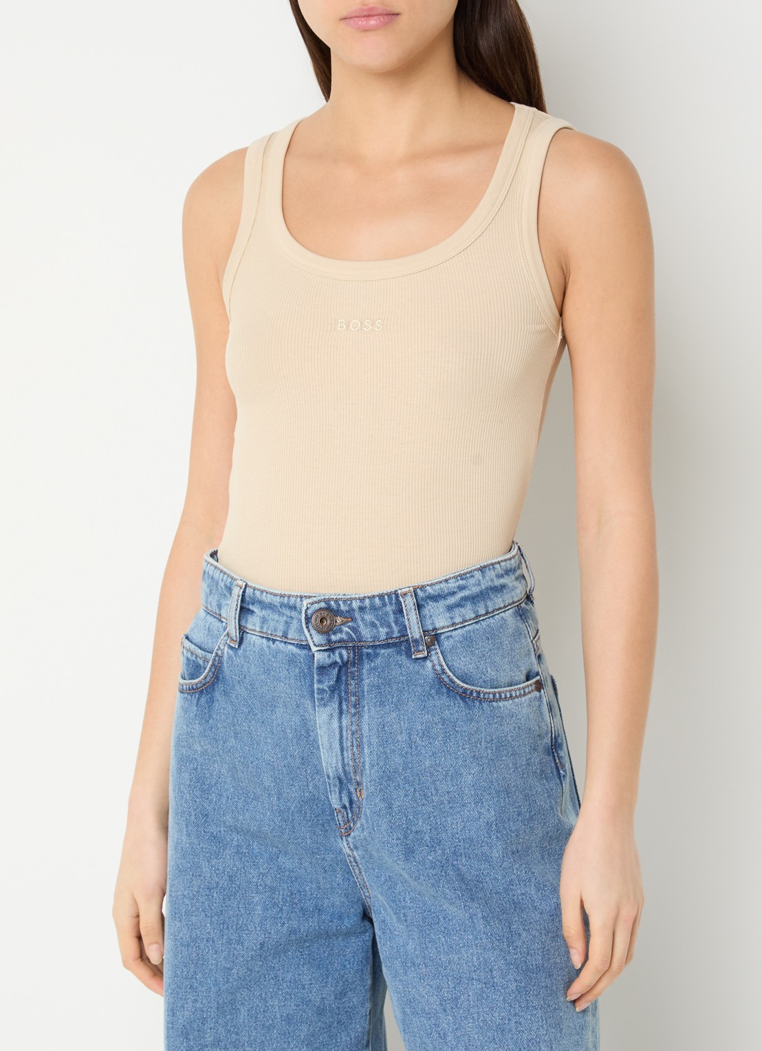 BOSS Ribgebreide tanktop met logoborduring - detail 2 beige