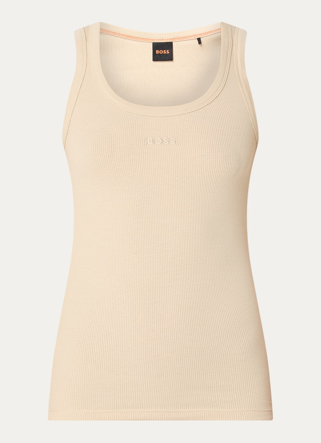 BOSS Ribgebreide tanktop met logoborduring - voorkant 3 beige