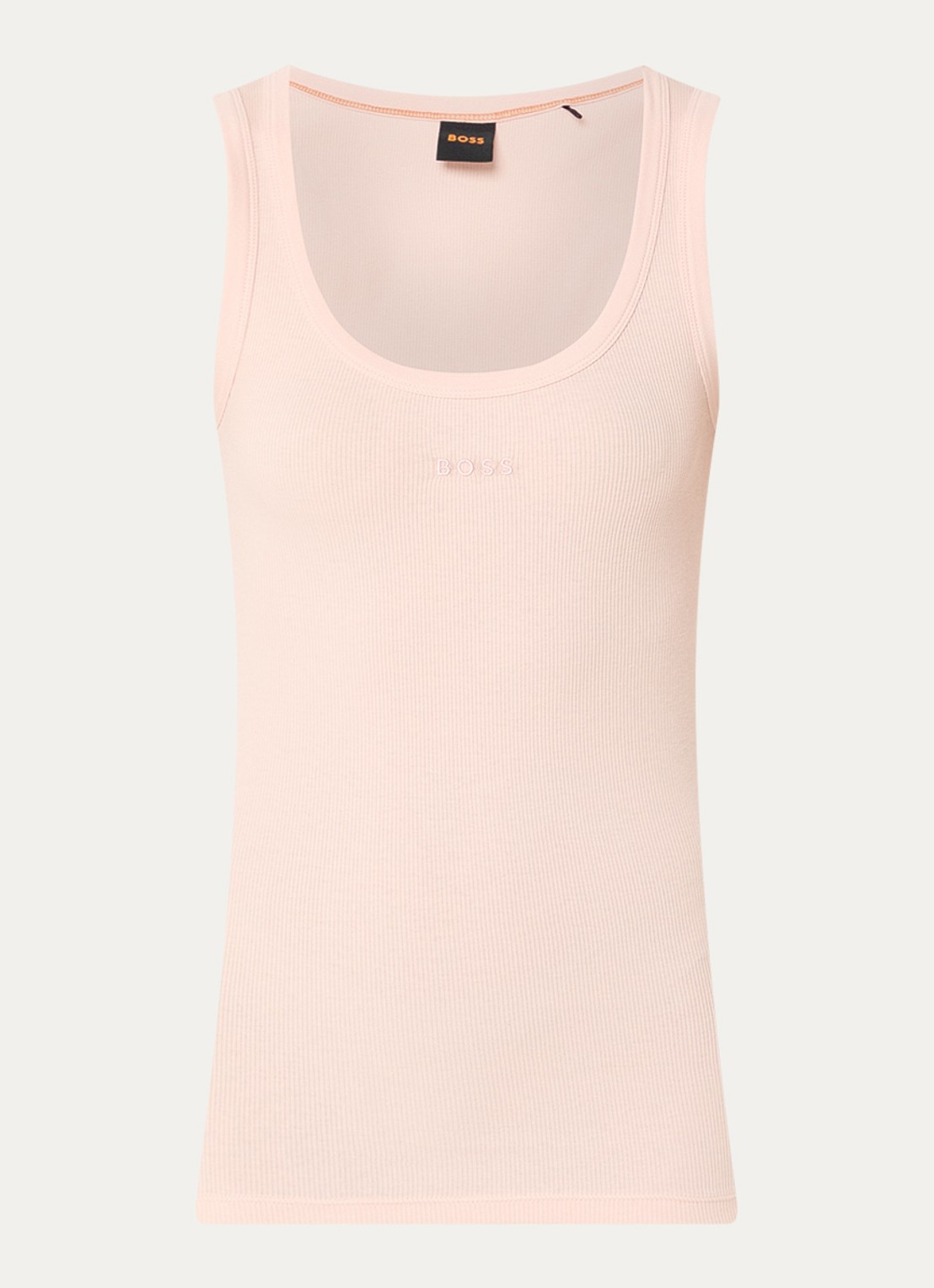 BOSS Ribgebreide tanktop met logoborduring - voorkant 3 lichtblauw