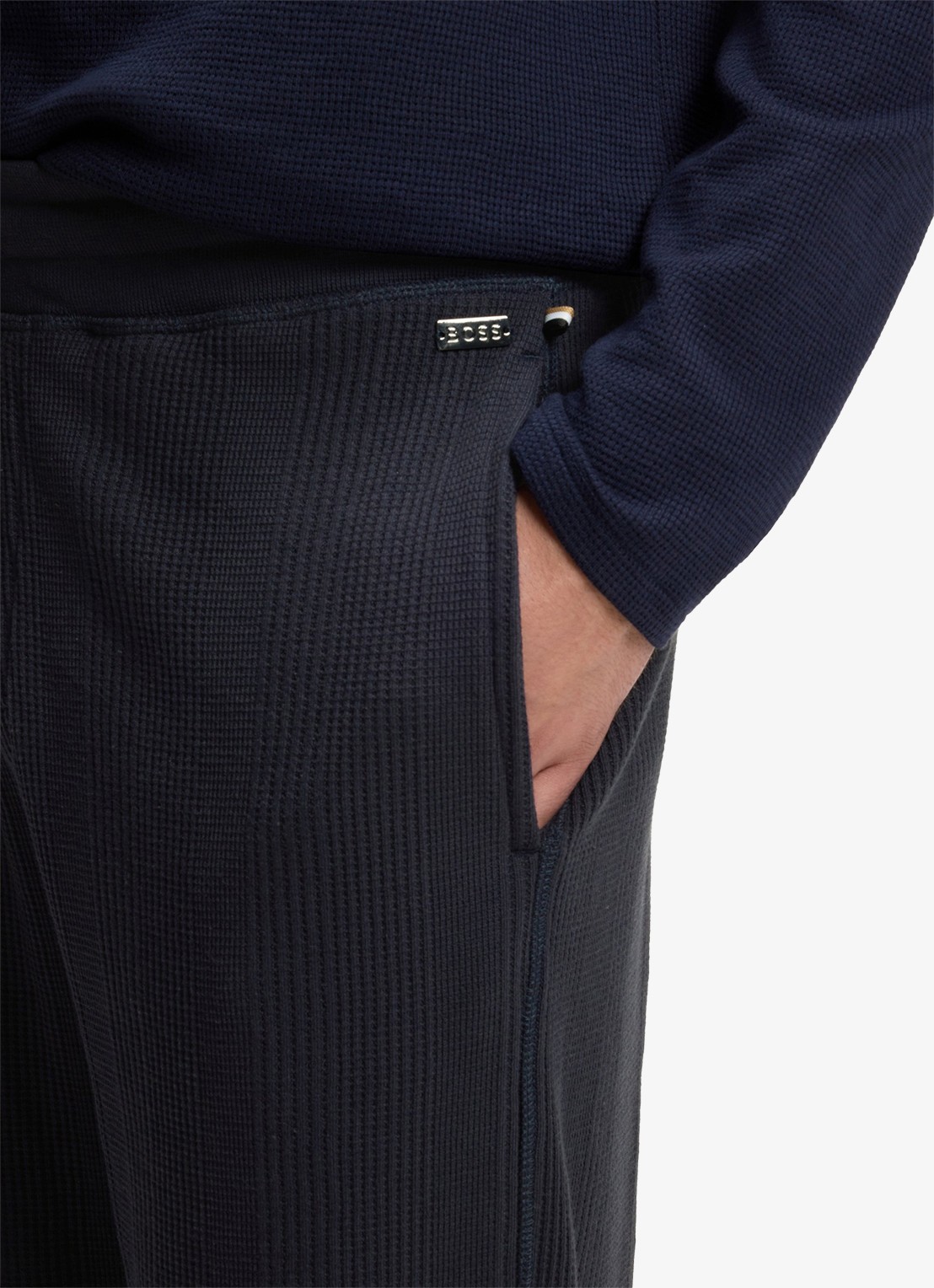BOSS Ribgebreide tapered fit joggingbroek - detail 3 donkerblauw