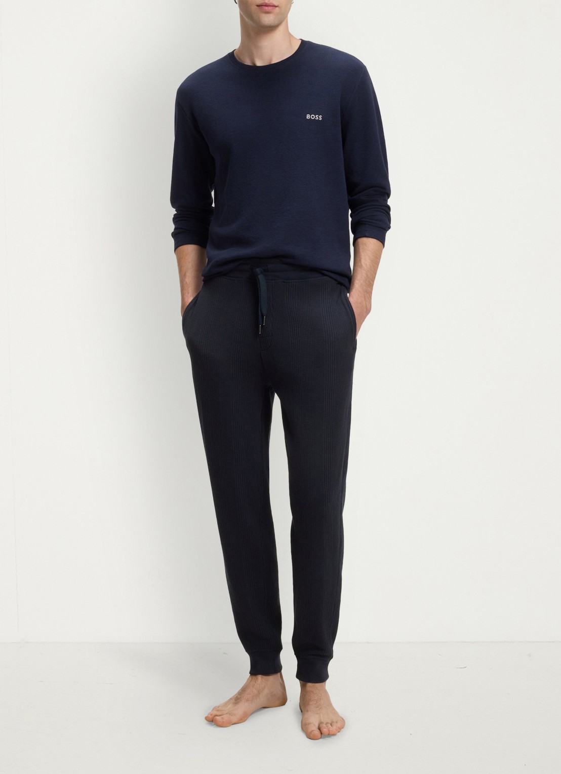 BOSS Ribgebreide tapered fit joggingbroek - voorkant 5 donkerblauw