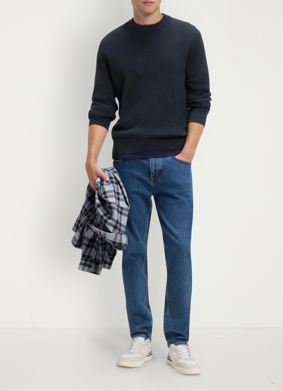 BOSS Ribgebreide trui met structuur - voorkant 3 donkerblauw