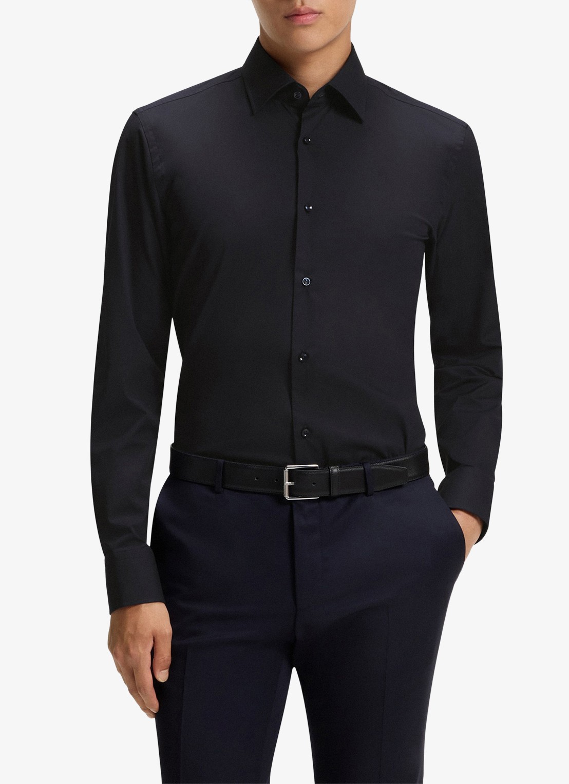 BOSS Slim-fit overhemd in gemakkelijk te strijken katoenen popeline met stretch - detail dark blue-404 / blauw