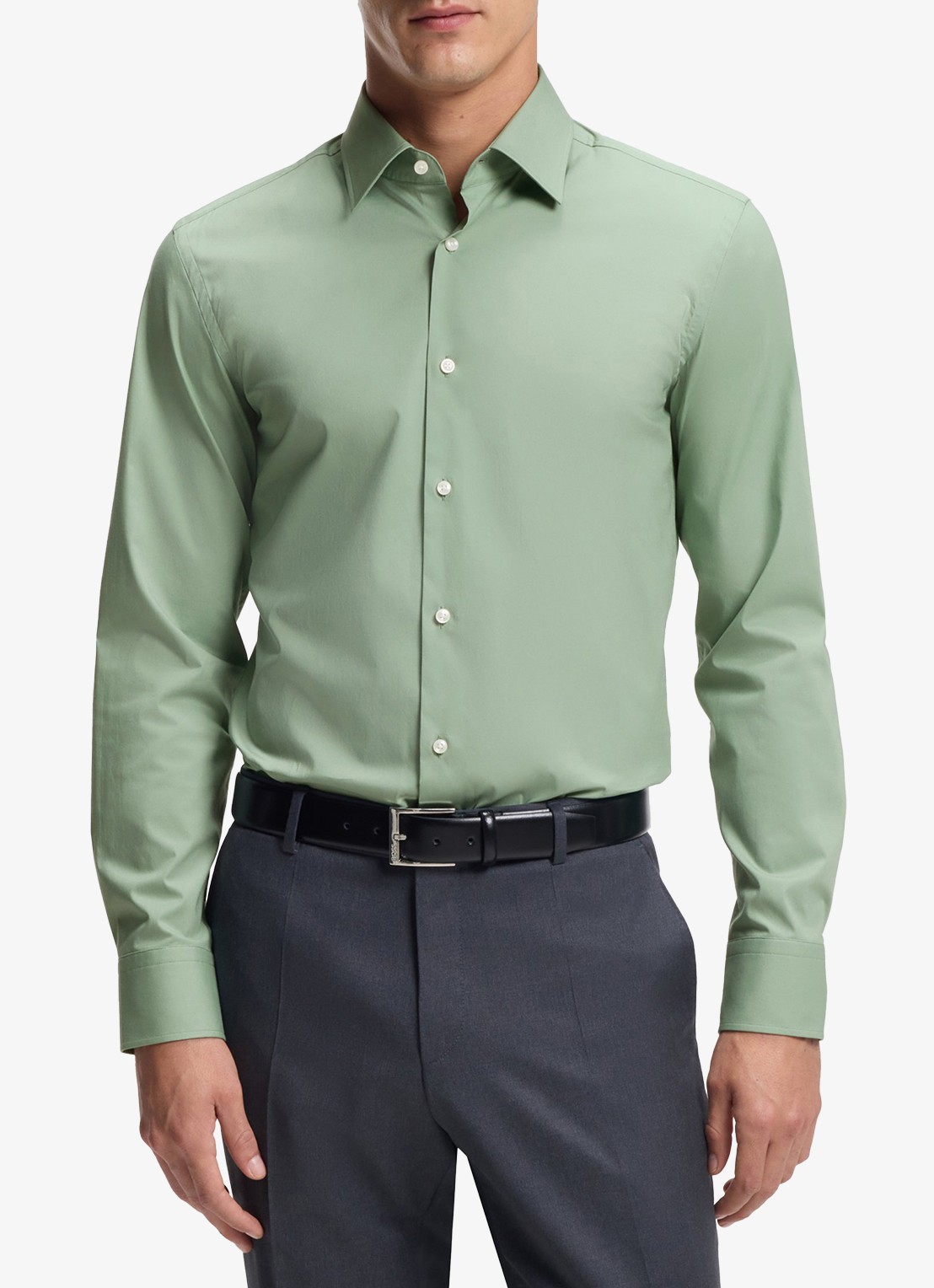 BOSS Slim-fit overhemd in gemakkelijk te strijken katoenen popeline met stretch - detail 2 open green-373 / groen