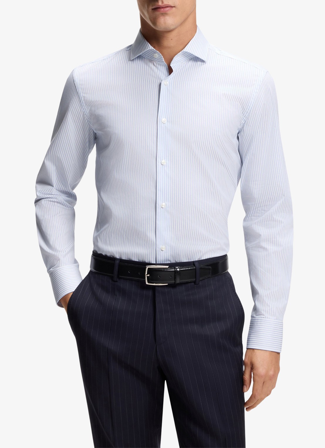 BOSS Slim fit overhemd met streepprint  - detail lichtblauw