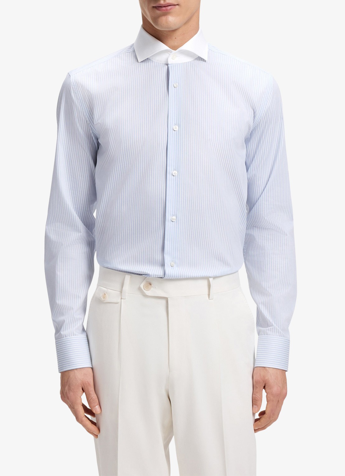 BOSS Slim fit overhemd met streepprint - detail 4 lichtblauw