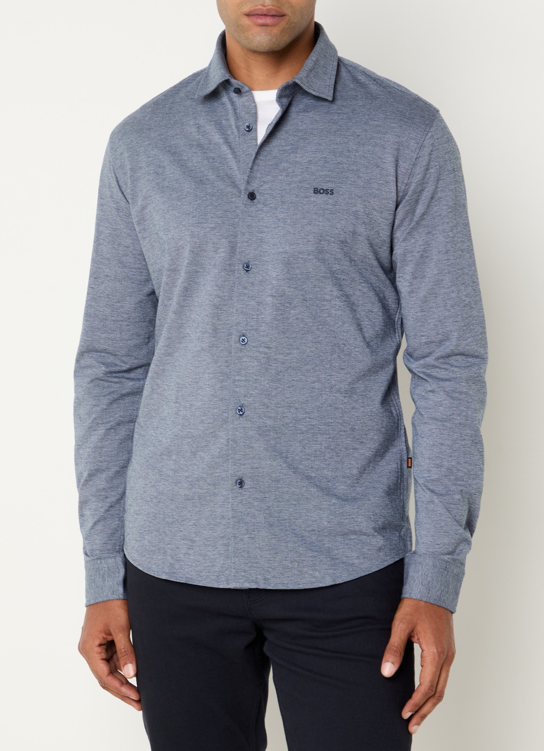 BOSS Slim-fit overhemd van gemêleerde katoenen jersey - detail 3 donkerblauw