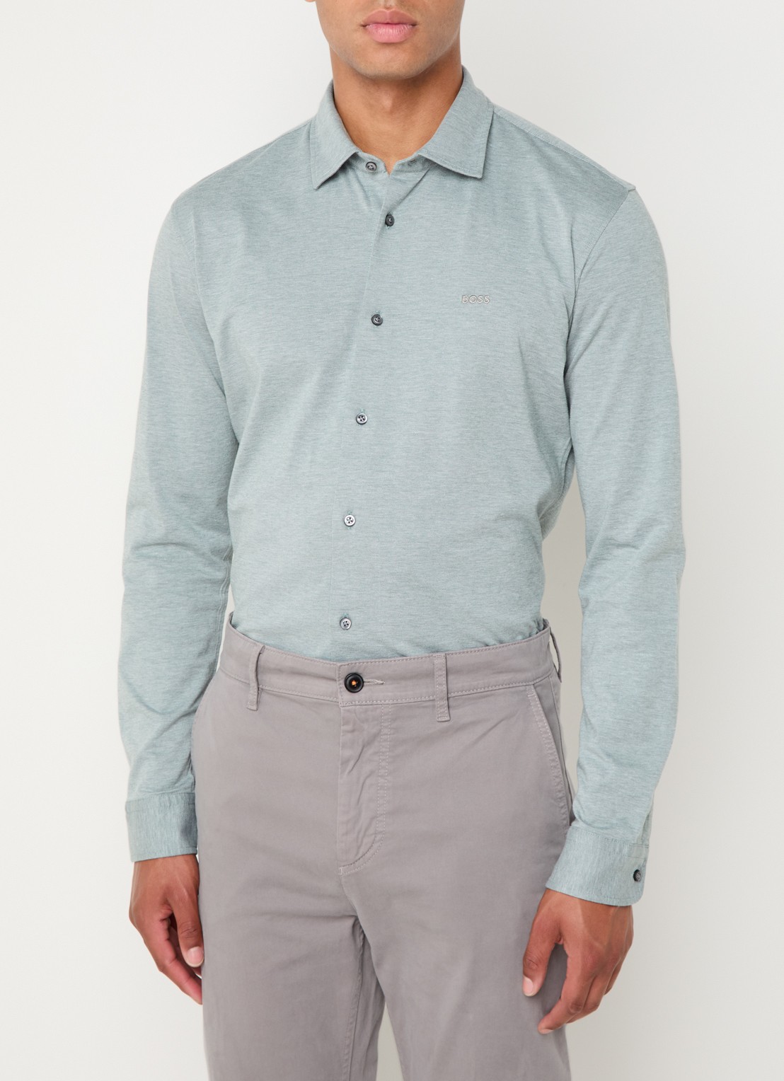 BOSS Slim-fit overhemd van gemêleerde katoenen jersey - detail 4 mint