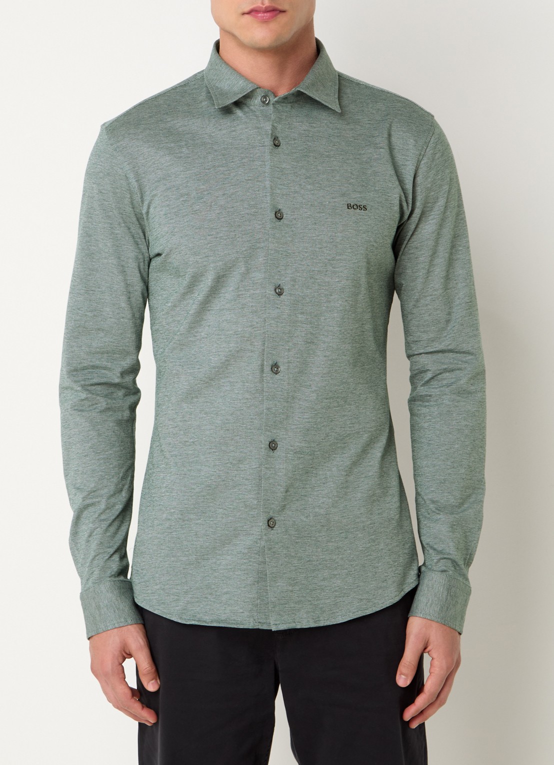 BOSS Slim-fit overhemd van gemêleerde katoenen jersey - detail grijs