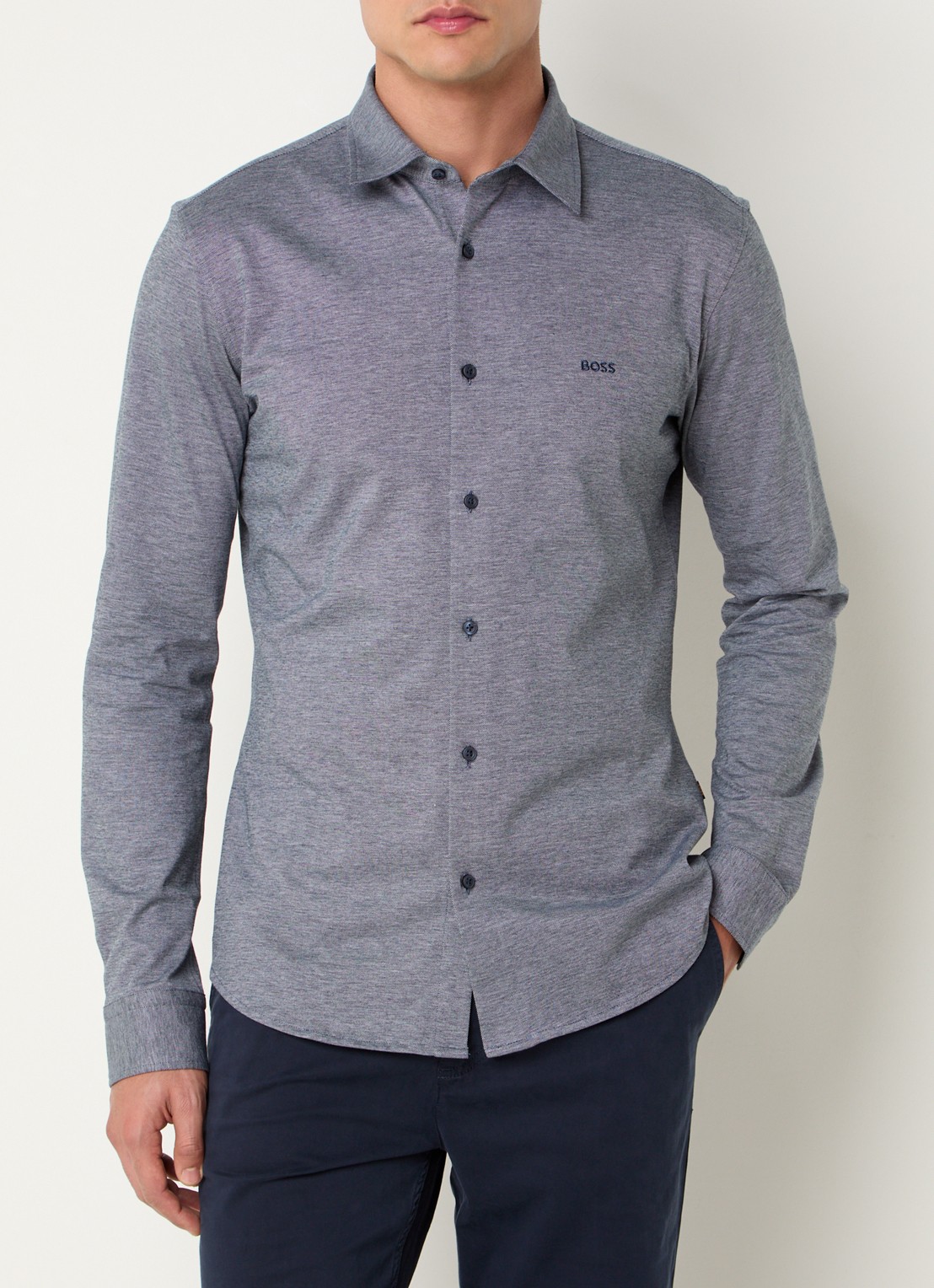 BOSS Slim-fit overhemd van gemêleerde katoenen jersey - detail donkerblauw