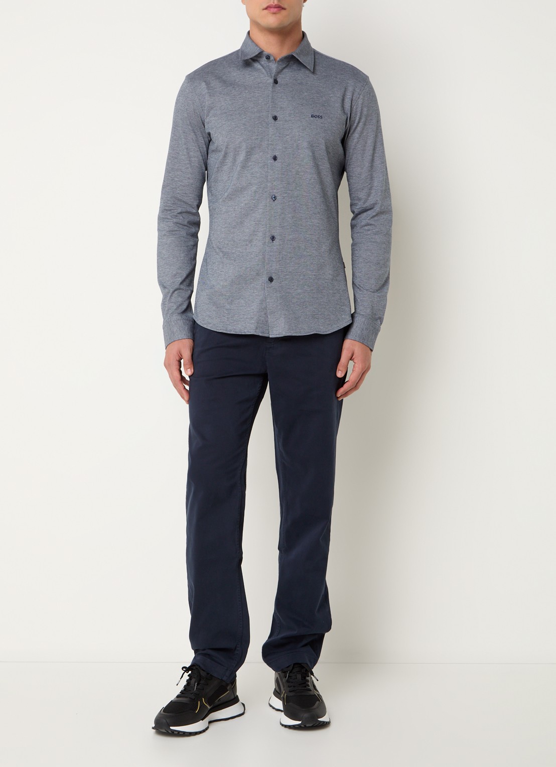 BOSS Slim-fit overhemd van gemêleerde katoenen jersey - voorkant 3 donkerblauw