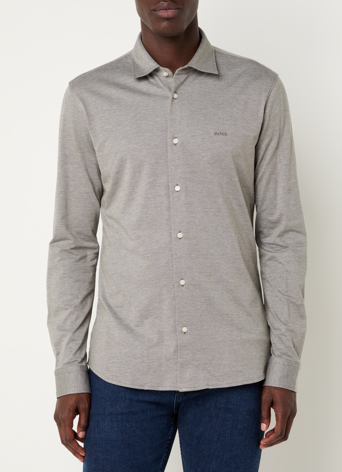 BOSS Slim-fit overhemd van gemêleerde katoenen jersey - detail 2 olijfgroen