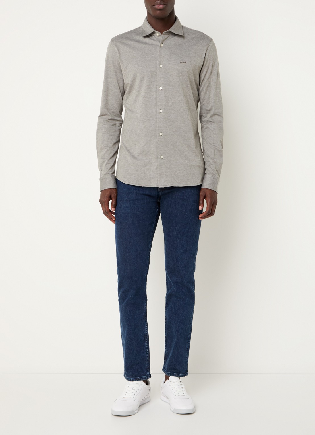 BOSS Slim-fit overhemd van gemêleerde katoenen jersey - voorkant 4 olijfgroen