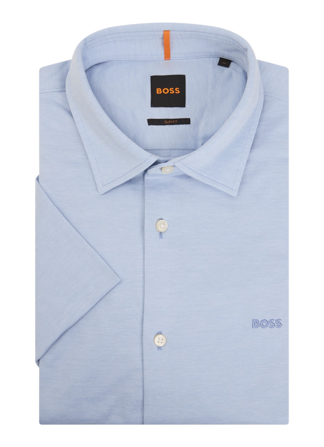BOSS Slim-fit overhemd van gemêleerde katoenen jersey - voorkant staalblauw