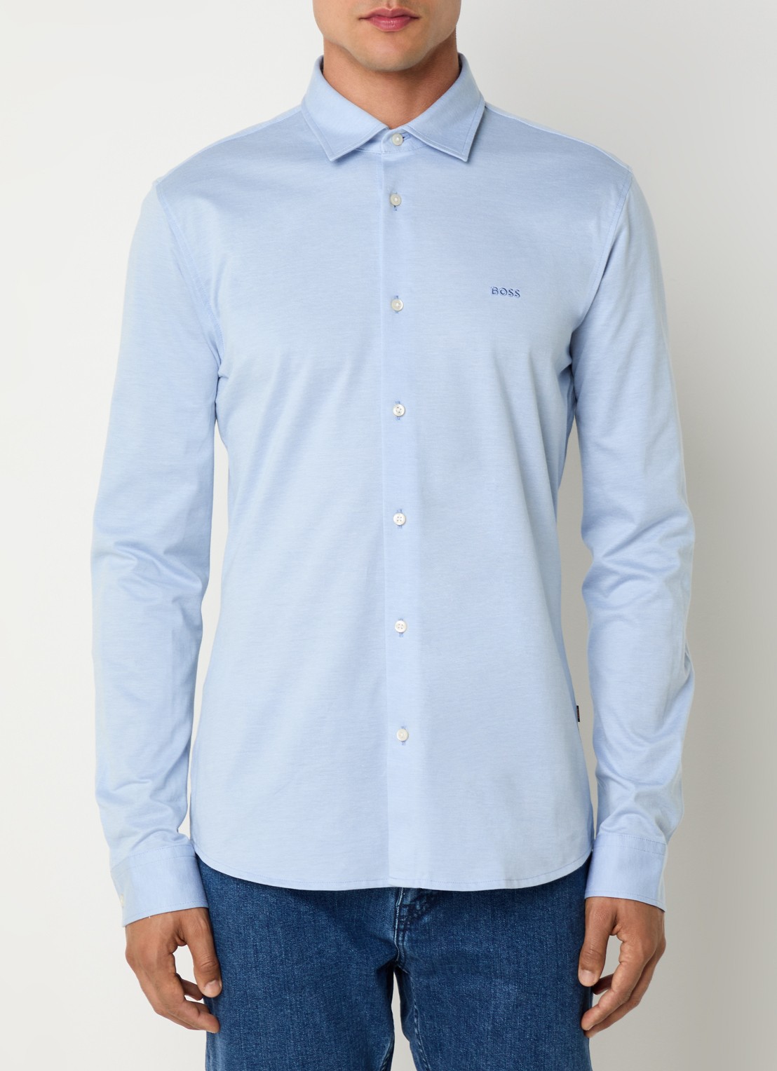 BOSS Slim-fit overhemd van gemêleerde katoenen jersey - detail 4 staalblauw