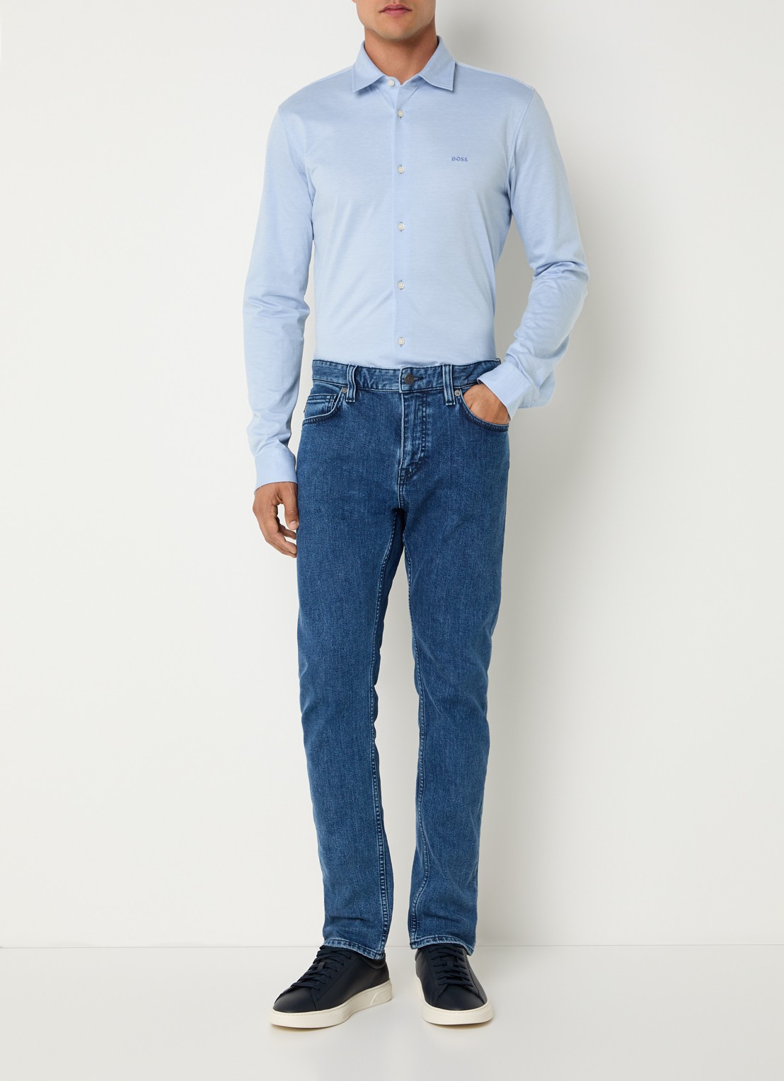 BOSS Slim-fit overhemd van gemêleerde katoenen jersey - voorkant 3 staalblauw