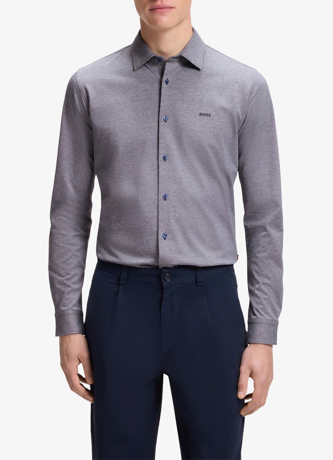 BOSS Slim-fit overhemd van gemêleerde katoenen jersey - detail donkerblauw 406