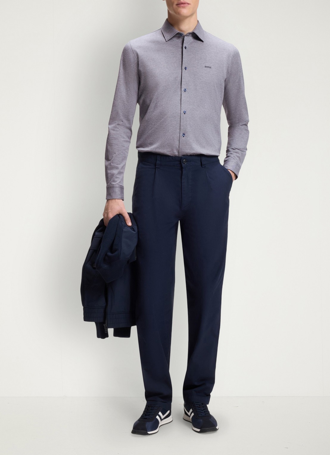 BOSS Slim-fit overhemd van gemêleerde katoenen jersey - voorkant 5 donkerblauw 406