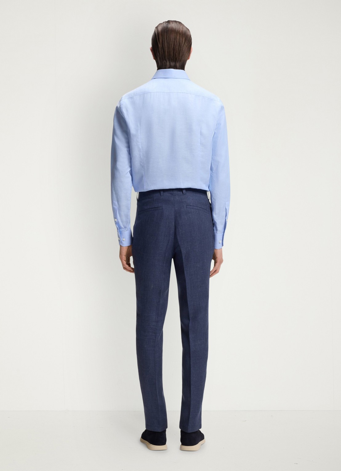 BOSS Slim fit pantalon in linnenblend met persplooi en steekzakken - achterkant open blue-466 / blauw