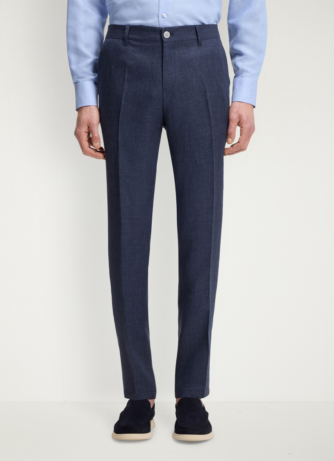 BOSS Slim fit pantalon in linnenblend met persplooi en steekzakken - detail 2 open blue-466 / blauw