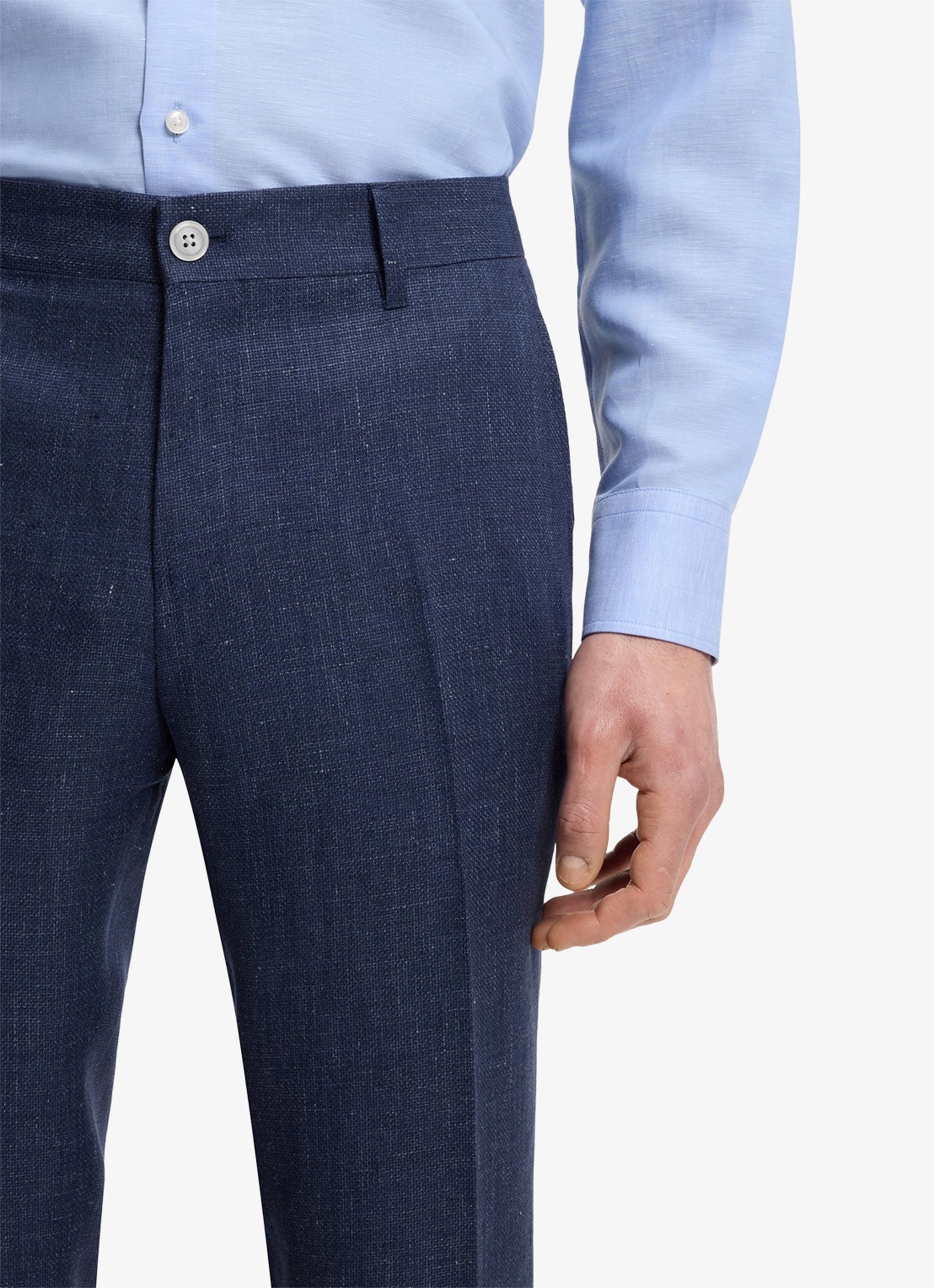 BOSS Slim fit pantalon in linnenblend met persplooi en steekzakken - detail 3 open blue-466 / blauw