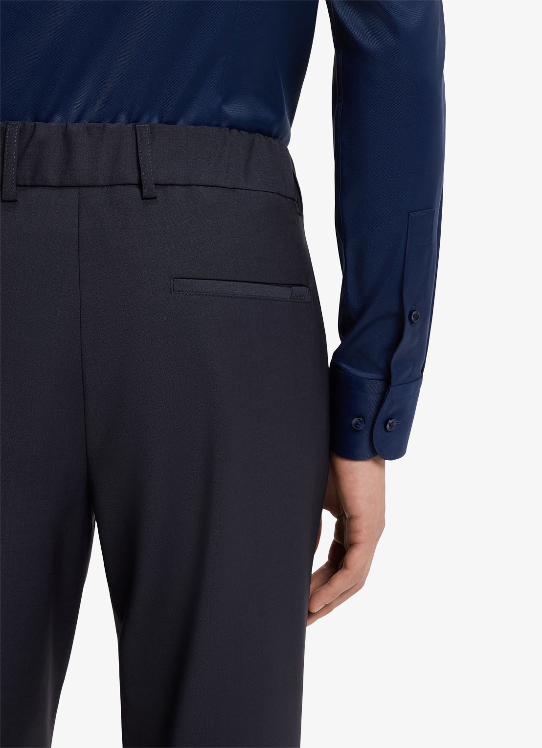 BOSS Slim fit pantalon in wolblend - detail 4 donkerblauw