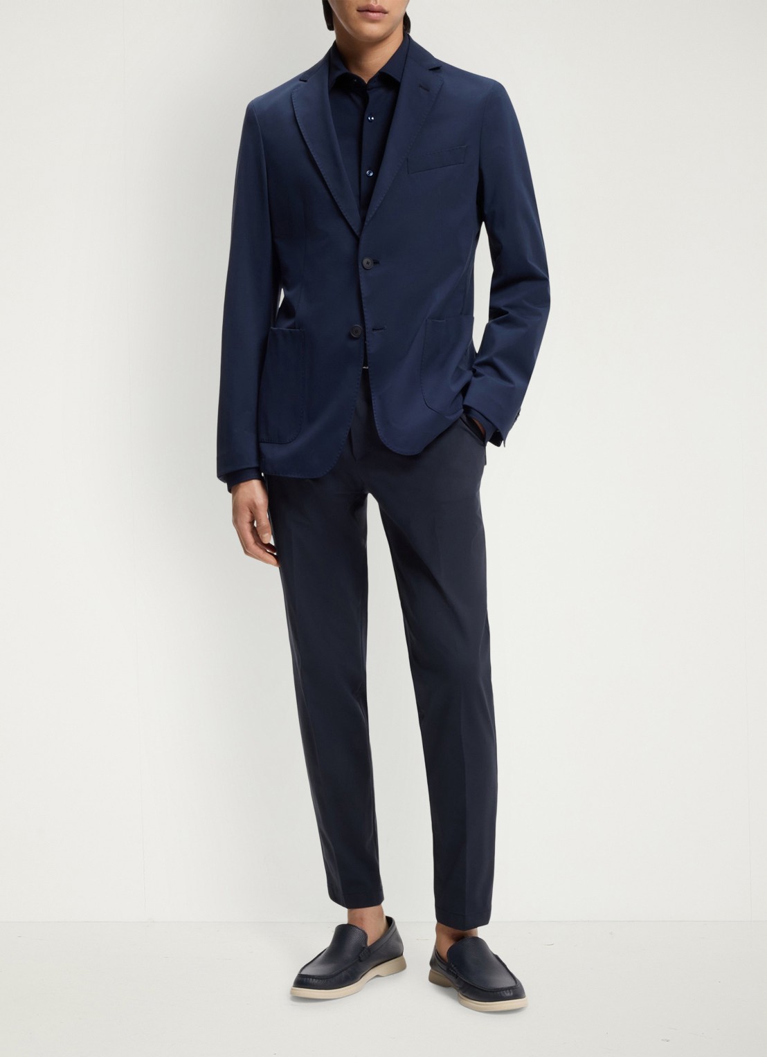 BOSS Slim fit pantalon met trekkoord - voorkant 2 donkerblauw