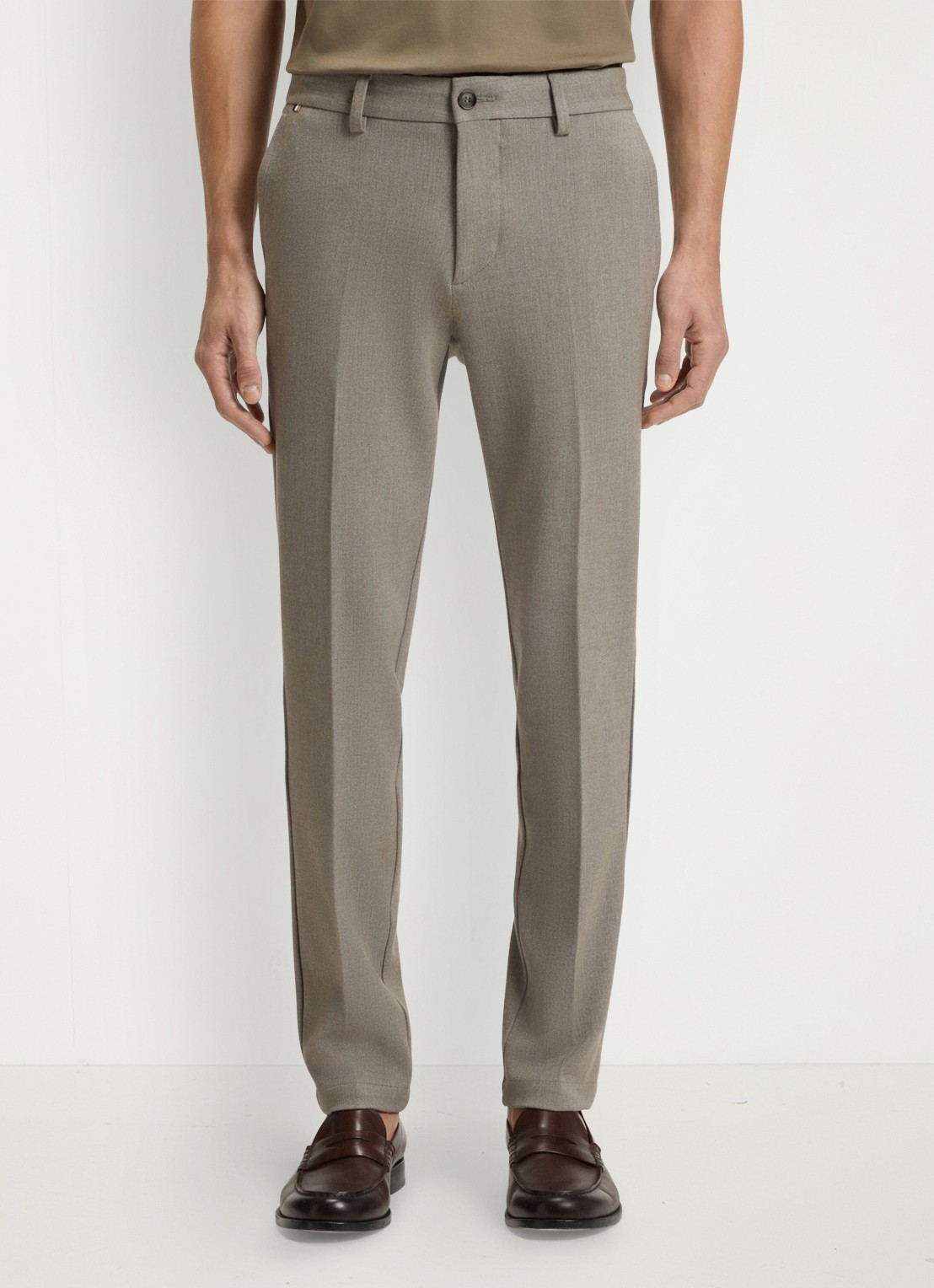 BOSS Slim fit pantalon met visgraatdessin - detail 4 lichtbruin