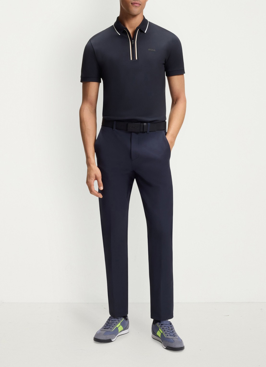 BOSS Slim fit polo met logo - voorkant 2 donkerblauw