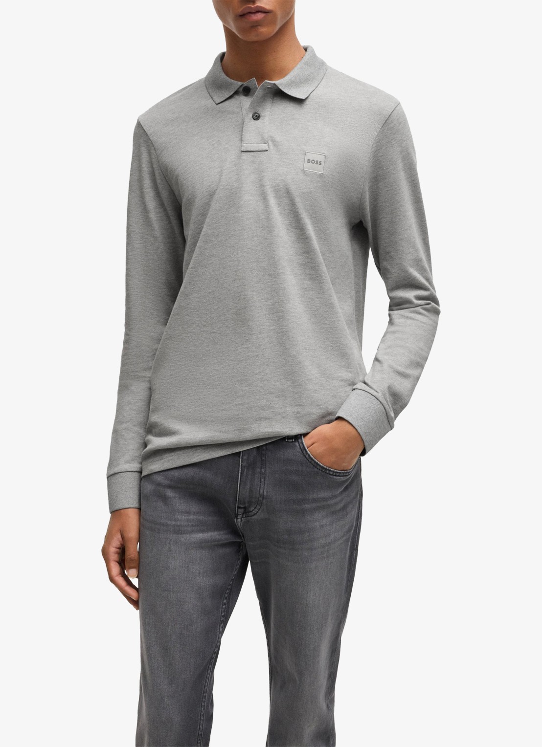 BOSS Slim fit polo van katoen - detail 4 grijsmele