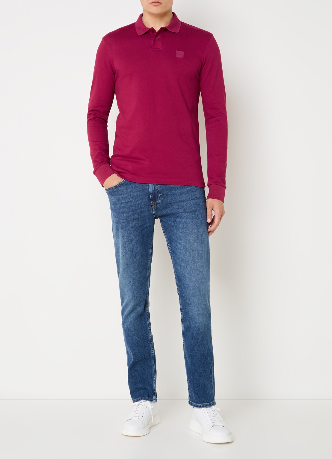 BOSS Slim fit polo van katoen - voorkant 2 kersenrood