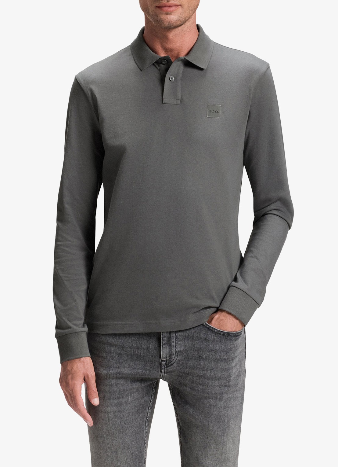 BOSS Slim fit polo van katoen - detail 4 middengrijs