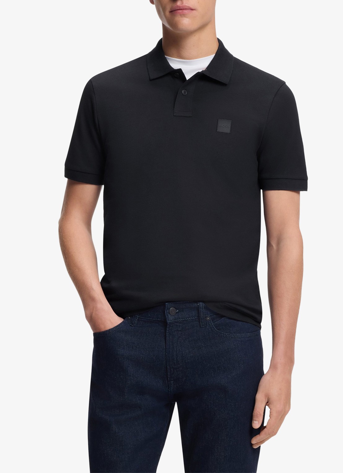 BOSS Slim-fit polo van stretchkatoen met logopatch - detail donkerblauw