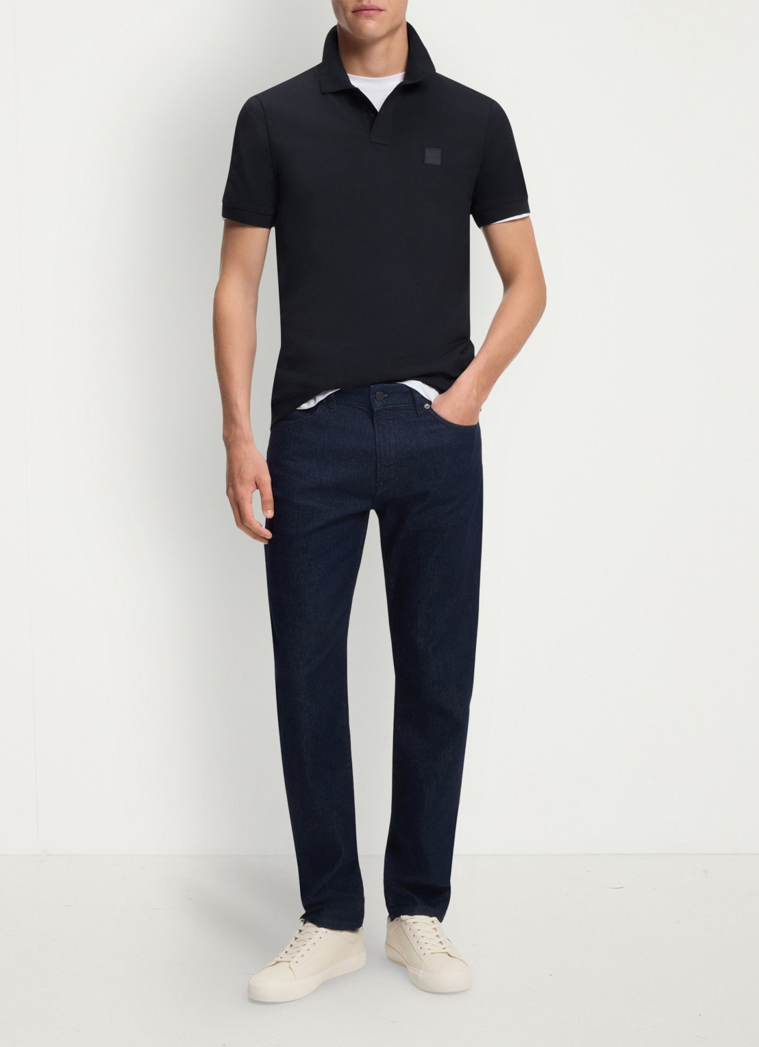 BOSS Slim-fit polo van stretchkatoen met logopatch - voorkant 5 donkerblauw