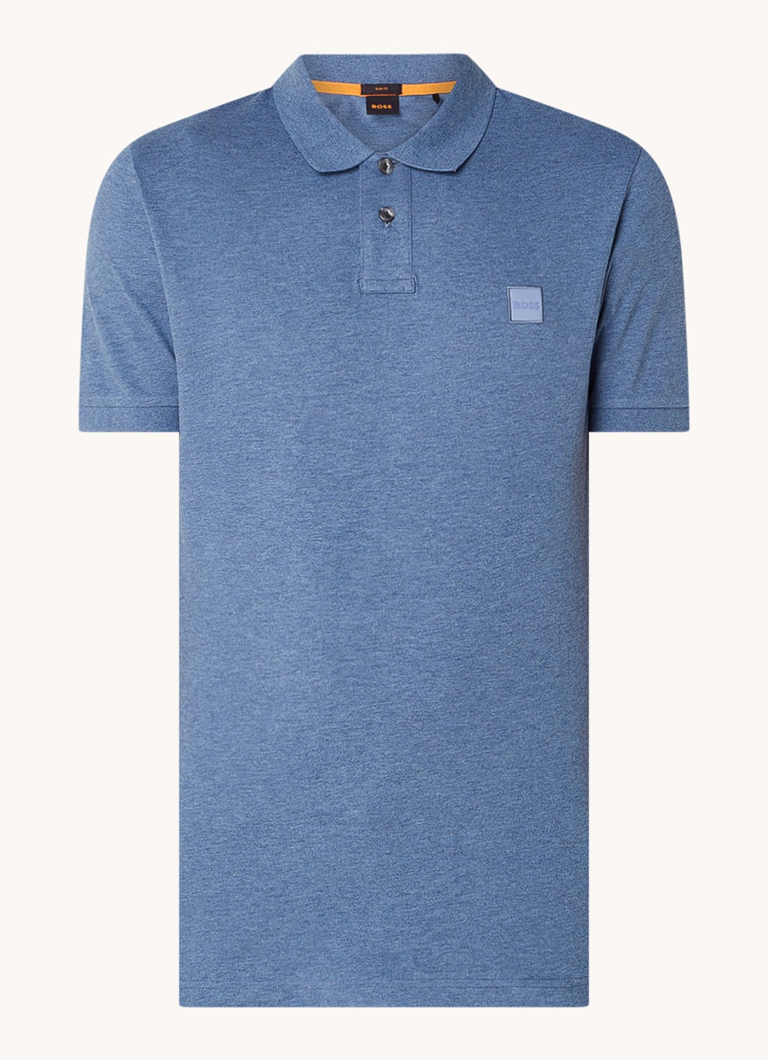 BOSS Slim-fit polo van stretchkatoen met logopatch - voorkant staalblauw