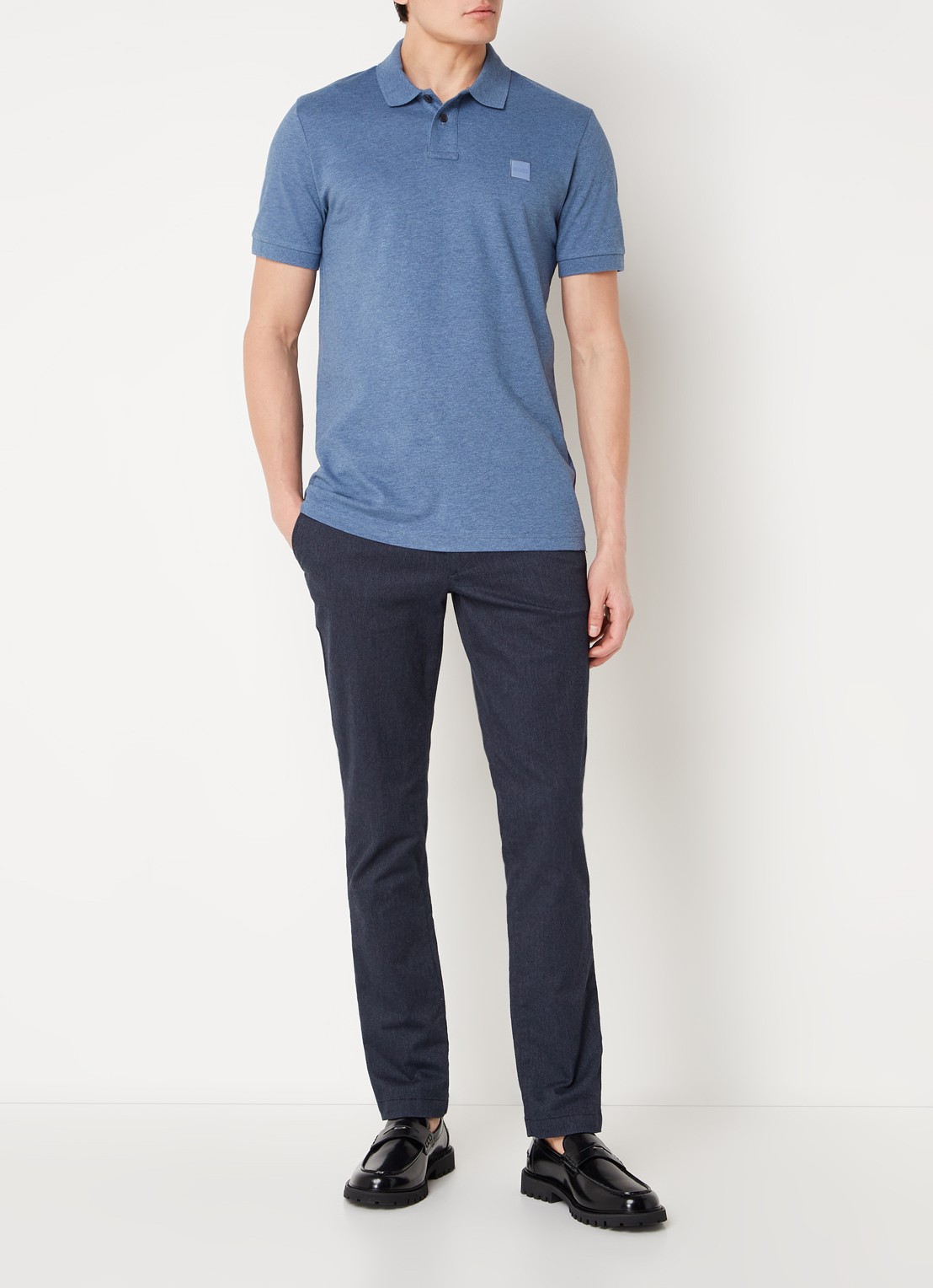 BOSS Slim-fit polo van stretchkatoen met logopatch - voorkant 2 staalblauw