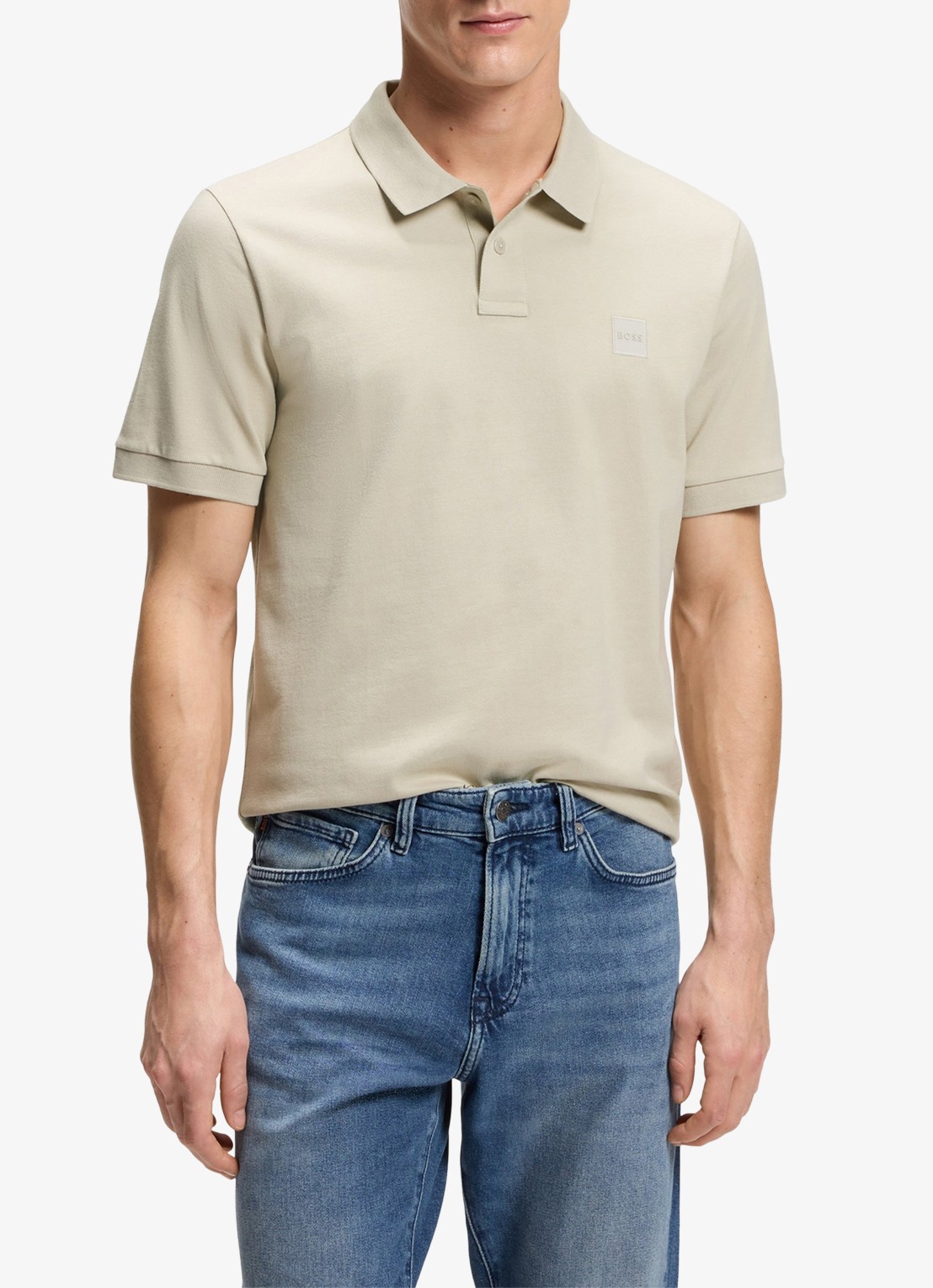 BOSS Slim-fit polo van stretchkatoen met logopatch - detail beige
