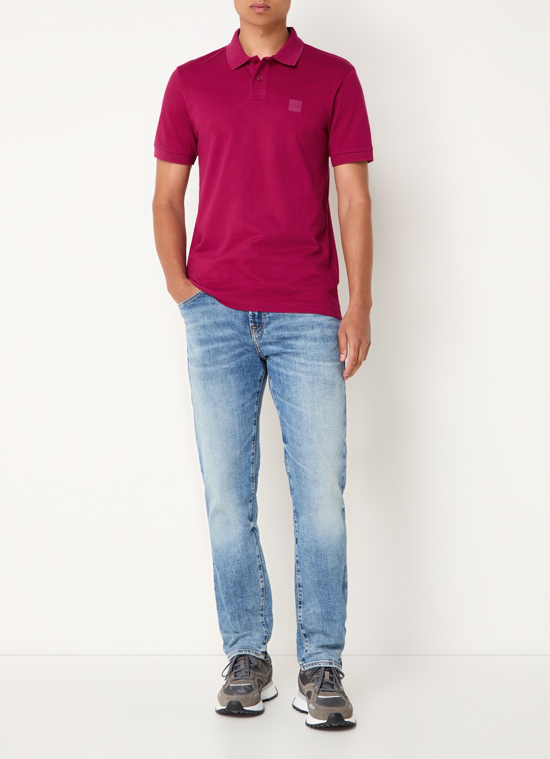 BOSS Slim-fit polo van stretchkatoen met logopatch - voorkant 2 cranberryrood
