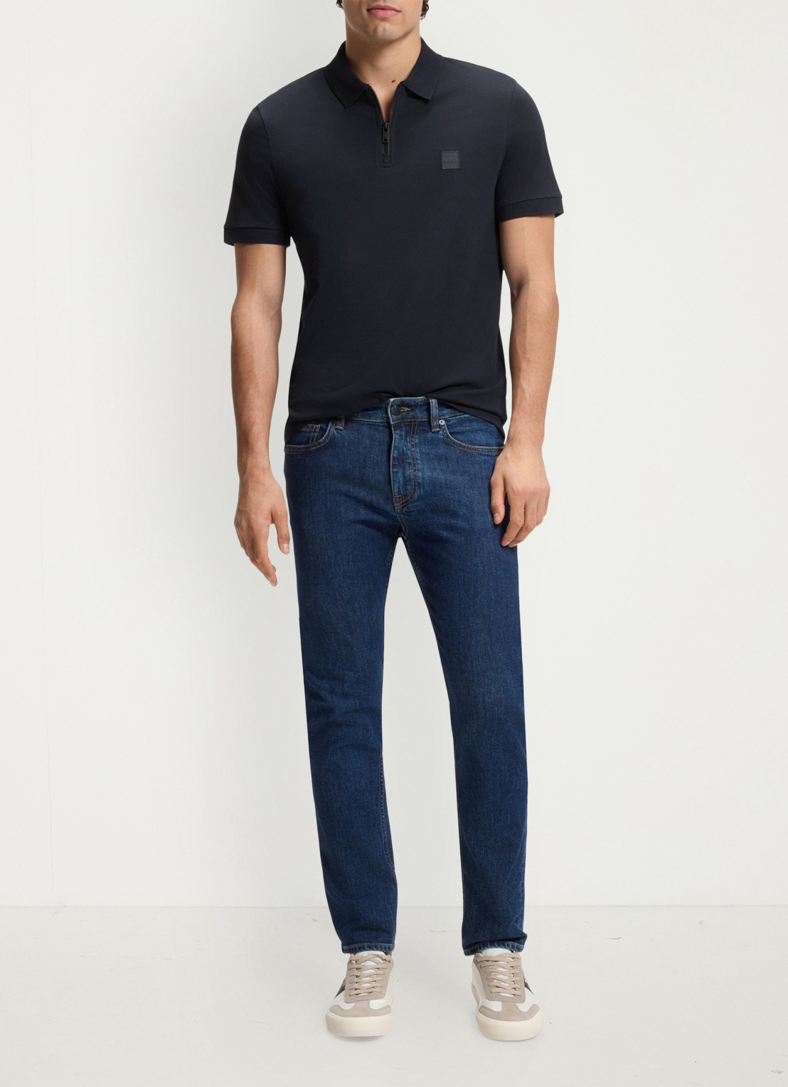 BOSS Slim-fit polo van stretchkatoen met logopatch - voorkant 2 dark blue-404 / blauw