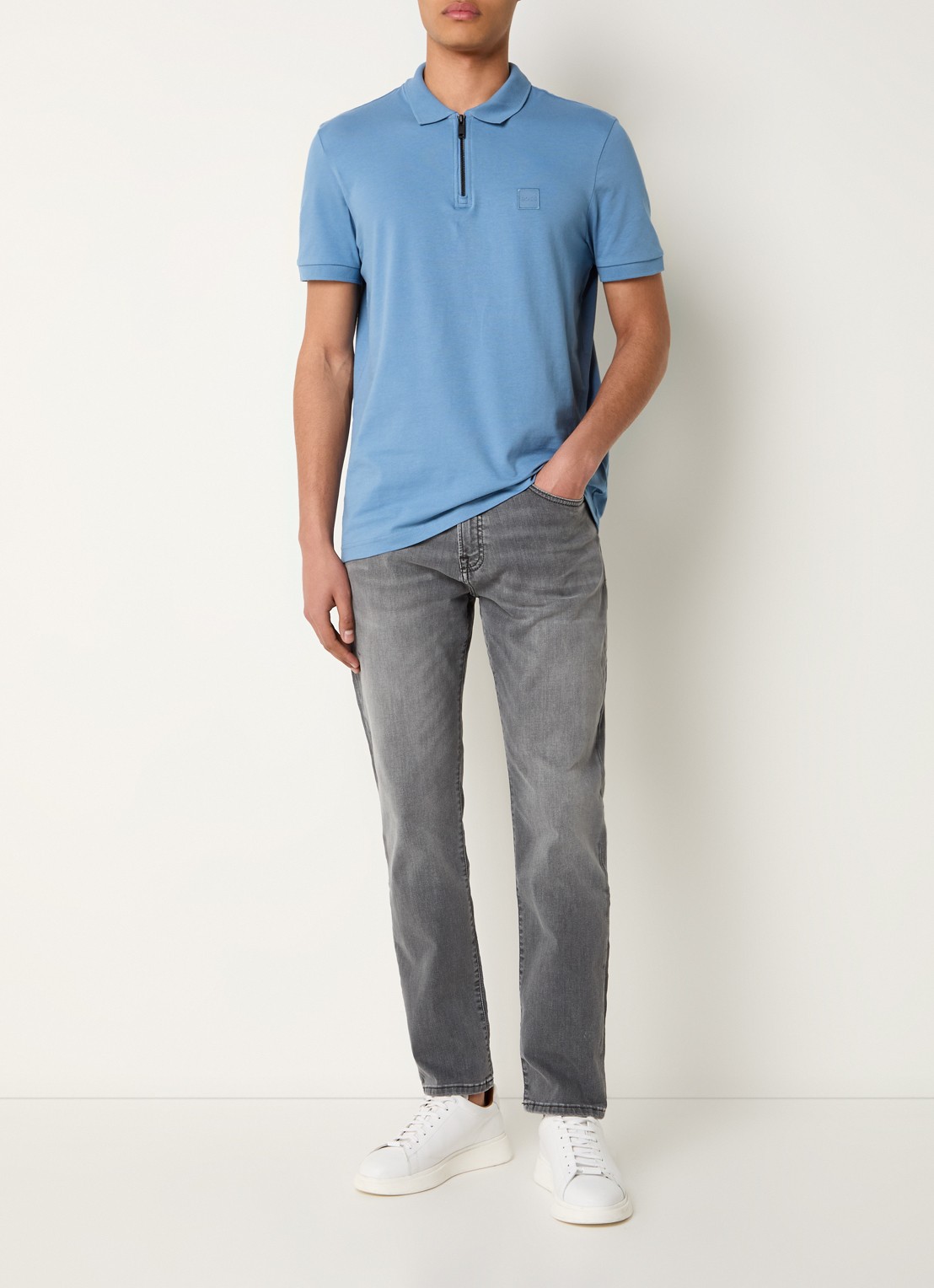 BOSS Slim-fit polo van stretchkatoen met logopatch - voorkant 4 open blue-462 / blauw
