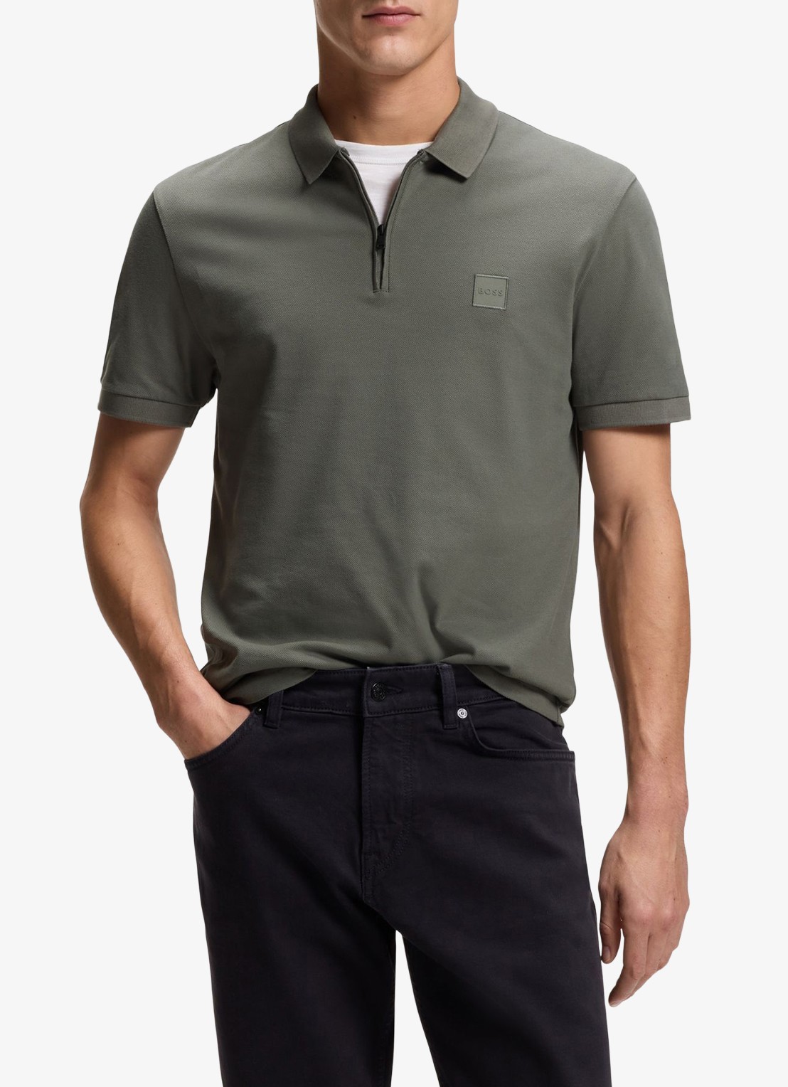 BOSS Slim-fit polo van stretchkatoen met logopatch - detail open grey-076 / grijs