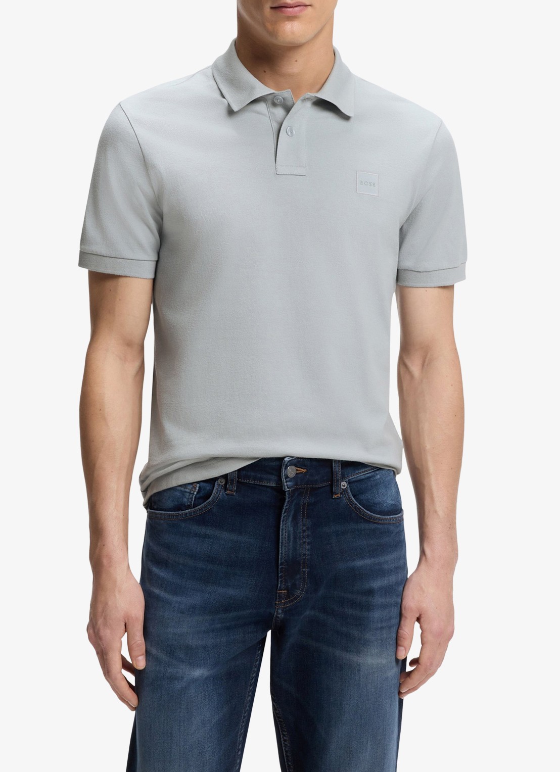 BOSS Slim-fit polo van stretchkatoen met logopatch - detail open grey-084 / grijs