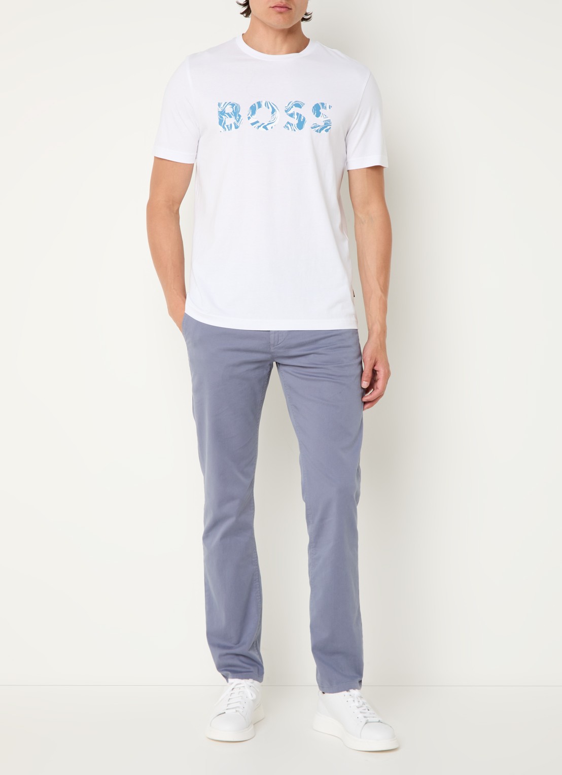 BOSS Slim-fit satijnen chino van stretchkatoen - voorkant 2 navy-415 / blauw